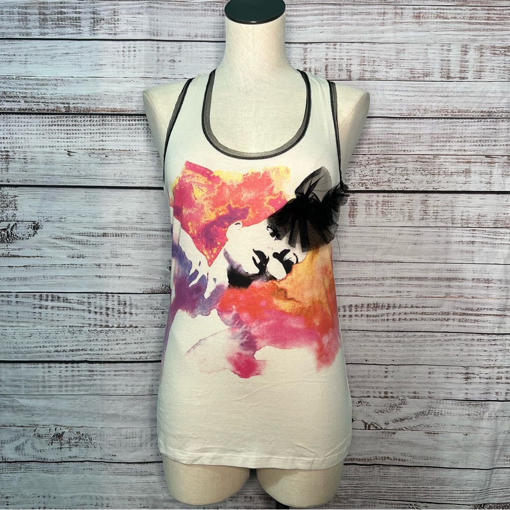 MNG Mango Medium Tank Top Women Print Bow Pink Orange Racer Back Y2K